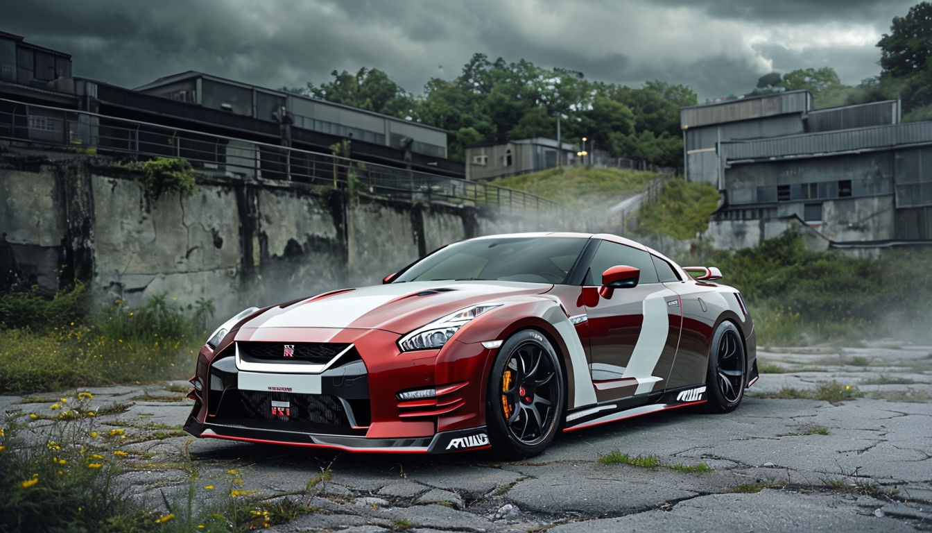 Sleek Red Nissan GT-R in Gritty Urban Landscape Virtual Backgrounds