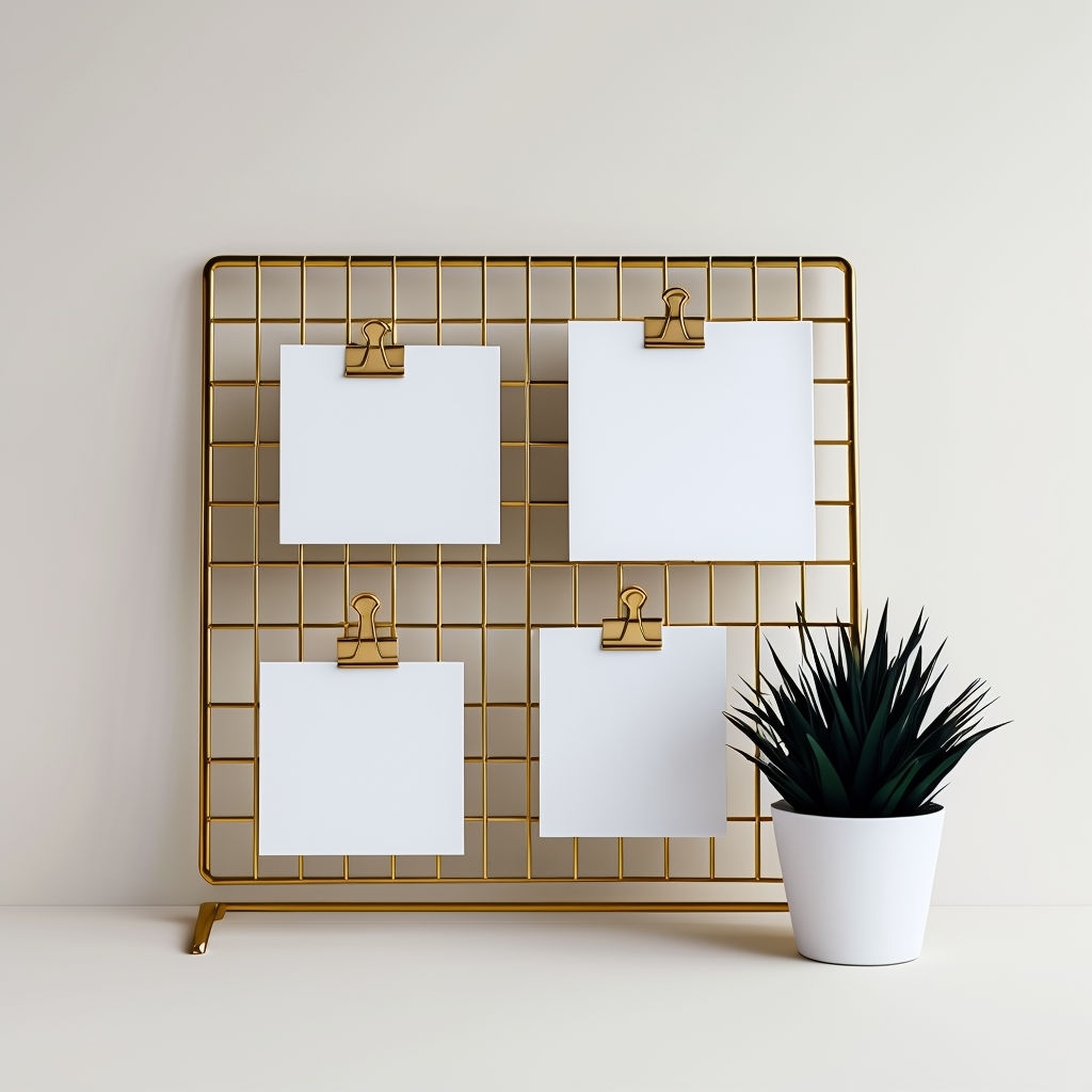 Minimalist Gold Grid Wall Mount with Paper and Plant Mockup