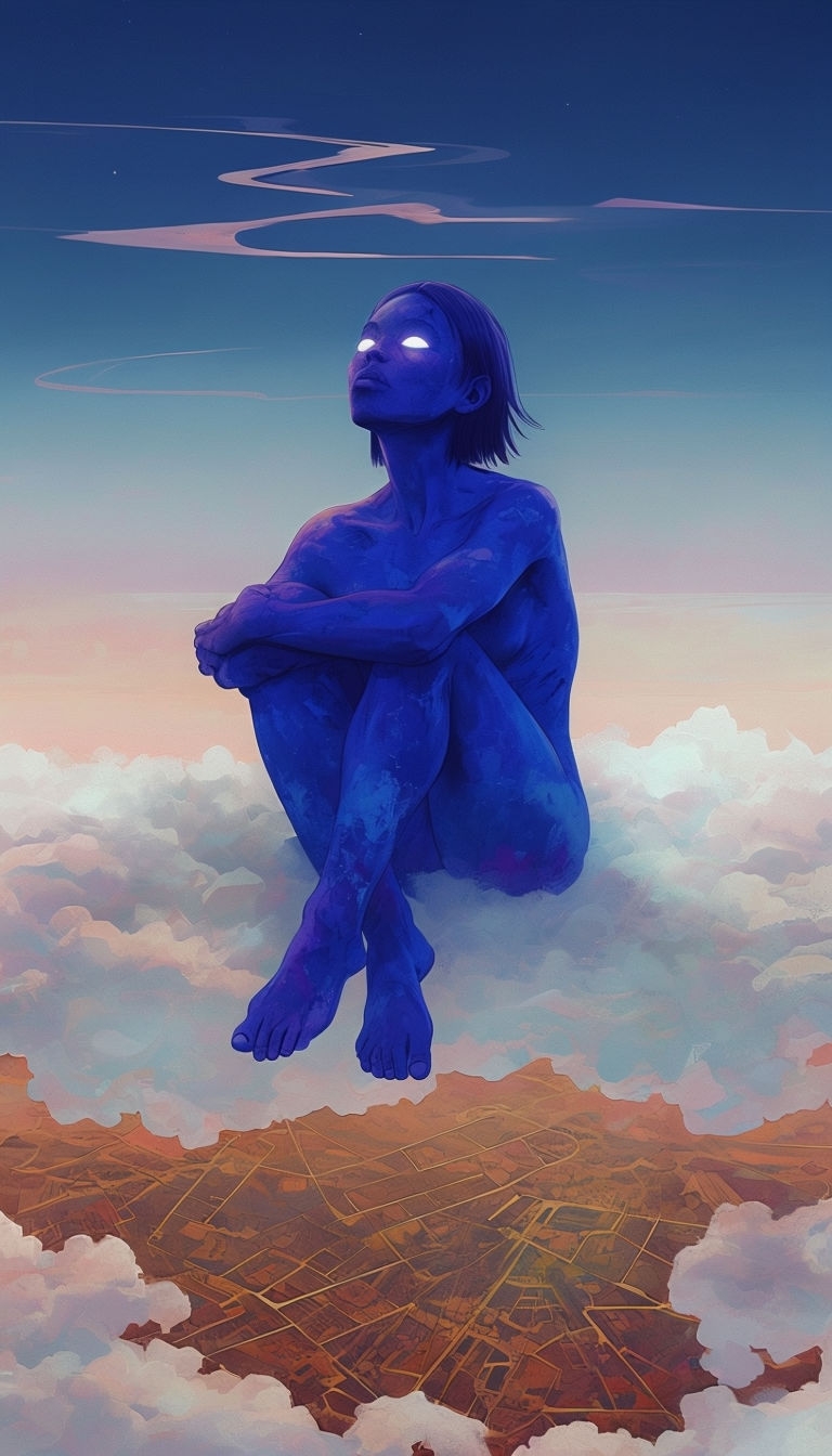 Ethereal Figure on Clouds with Dreamy Landscape Mobile Wallpaper