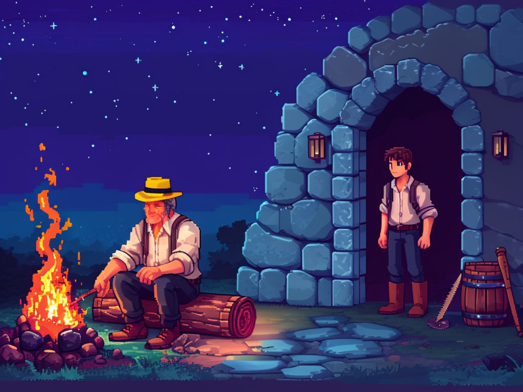 Pixel Art Campfire Scene with Characters in a Mystical Night Setting Art