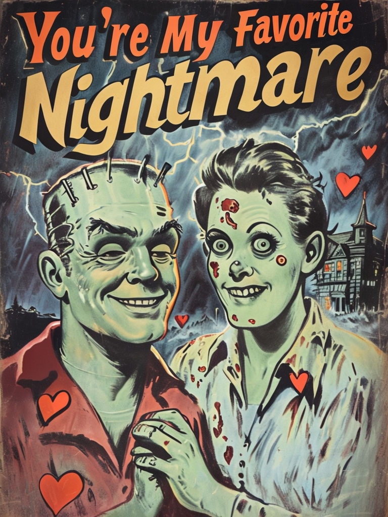 Vintage Horror Valentine's Day Poster with Monster Couple Illustration