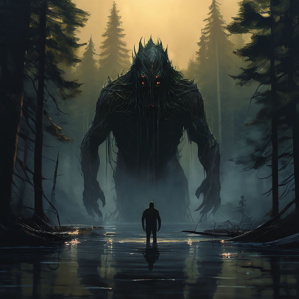 Monstrous creature emerging from a lake deep within a forest by Ryolth ...