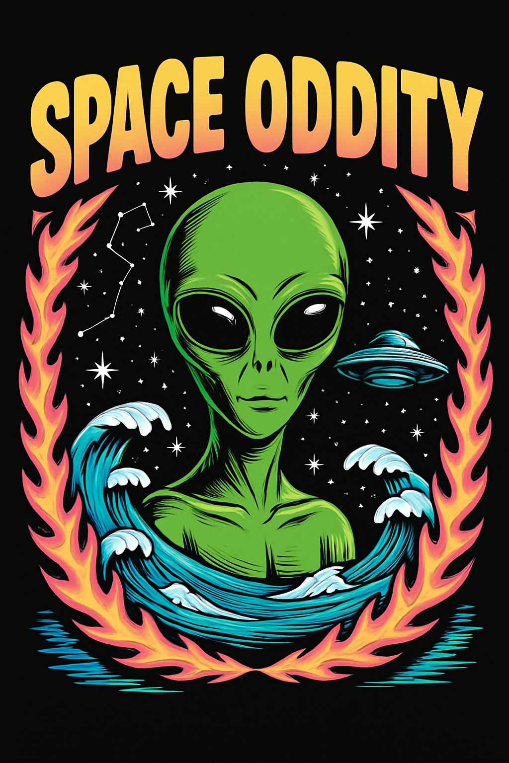 Vibrant Retro Space Oddity Alien T-Shirt Design