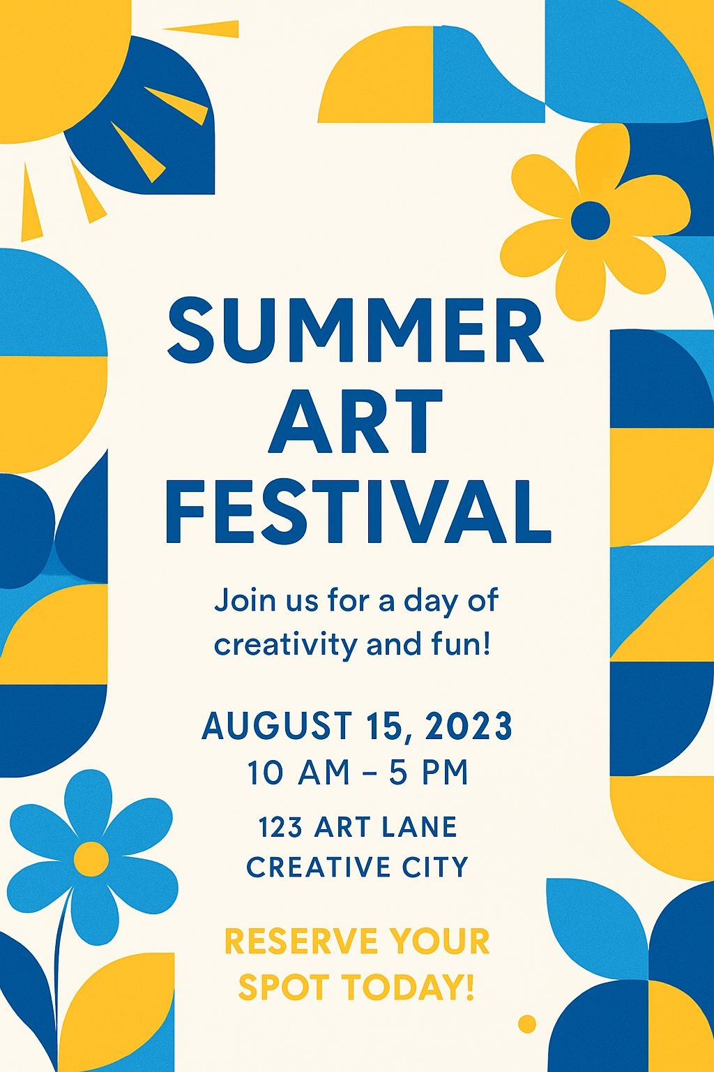 Vibrant Summer Art Festival Flyer with Abstract Geometric Shapes