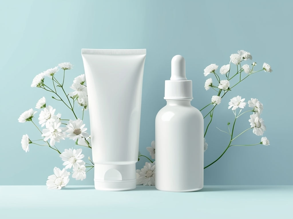 Minimalist Skincare Products with Floral Accents Mockup