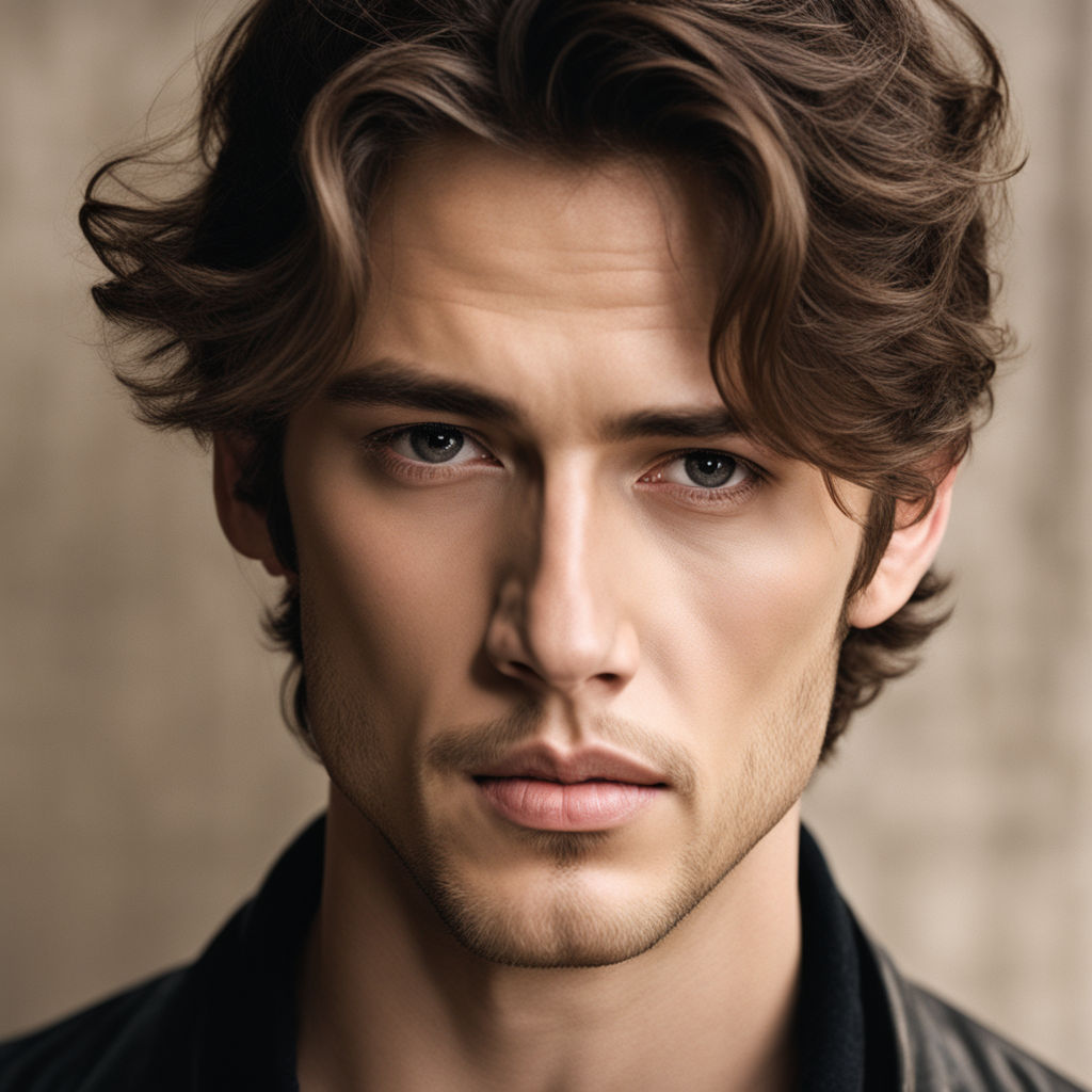 a young adult men in his mid 20s with medium short middle parting length brown  hair and dark brown eyes