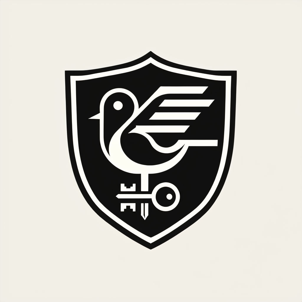 Minimalist Black Shield Logo with Bird and Key Design Logo