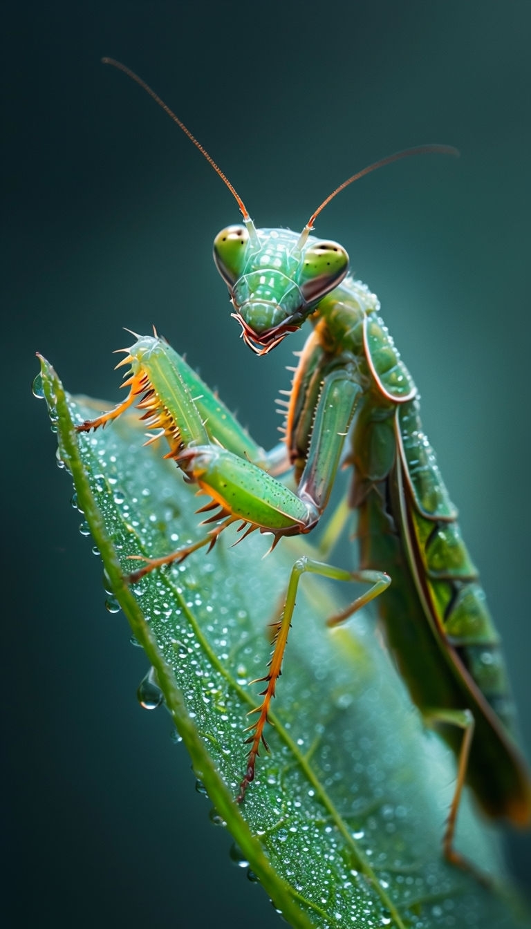 Vibrant Green Praying Mantis on Dewy Leaf Mobile Wallpaper