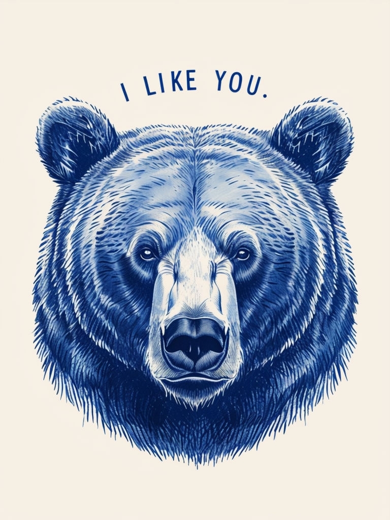 Vintage Bear Face Illustration with 'I Like You' Text Card