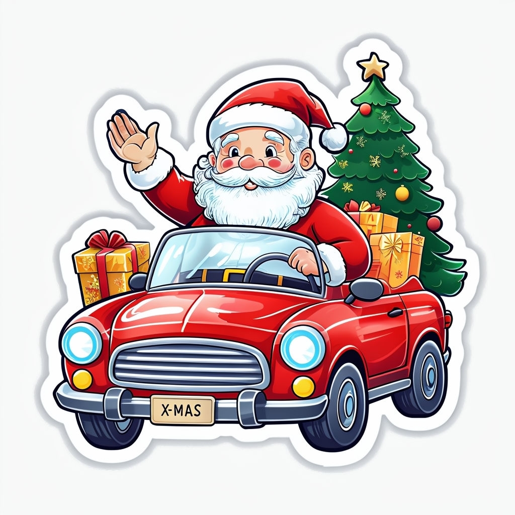 Cheerful Santa Claus Driving a Red Car Holiday Sticker