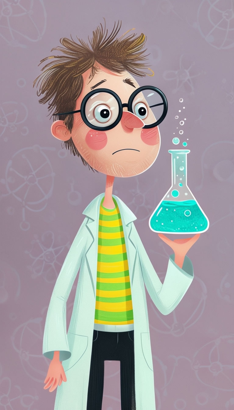 Quirky Scientist Character Illustration with Colorful Flask Art