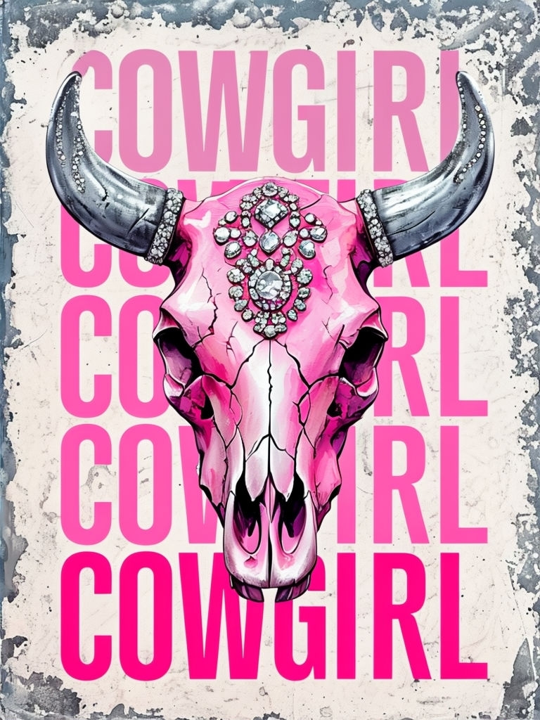 Vibrant Pink Cow Skull with COWGIRL Text Digital Art Poster