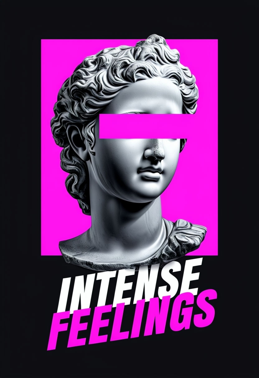 Modern Grayscale Angel Bust with Bold Text and Colorful Background Poster
