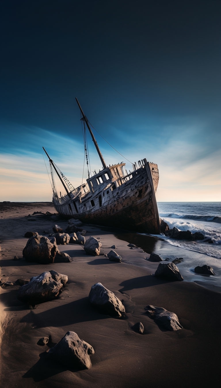 Dramatic Desolate Beach with Old Ship and Twilight Sky Mobile Wallpaper