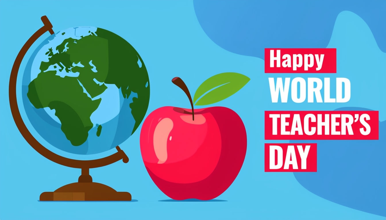 Vibrant World Teacher's Day Greeting Card with Globe and Apple Design Card