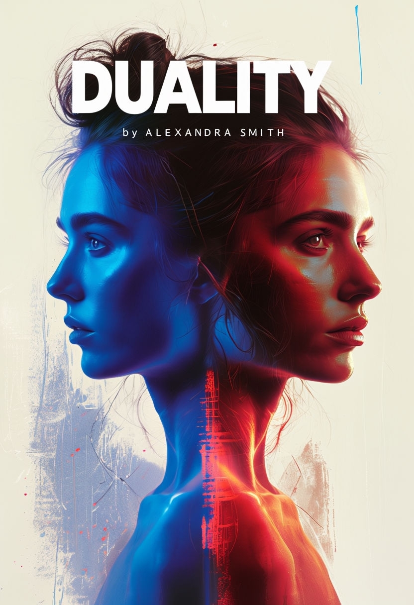 Striking Duality Digital Art EBook Cover Featuring Neon Profiles