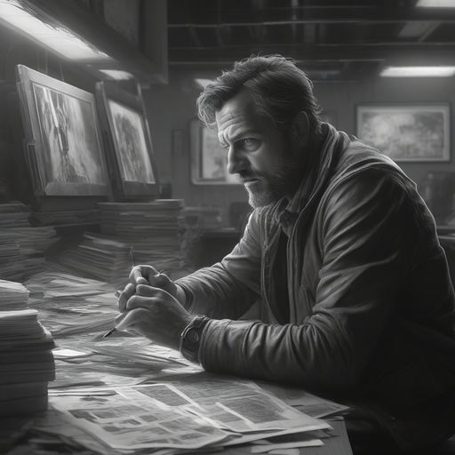 A forty-year-old male journalist center framed in a still by Guillermo