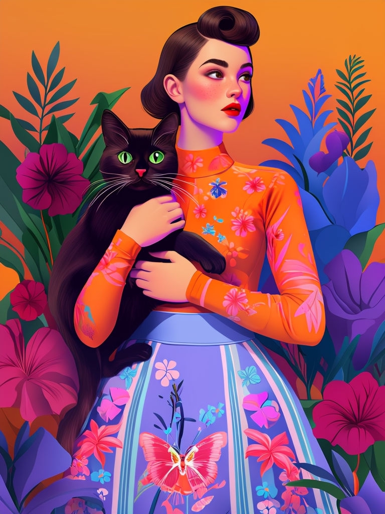 Vibrant Young Woman with Black Cat and Floral Background Phone Case Cover
