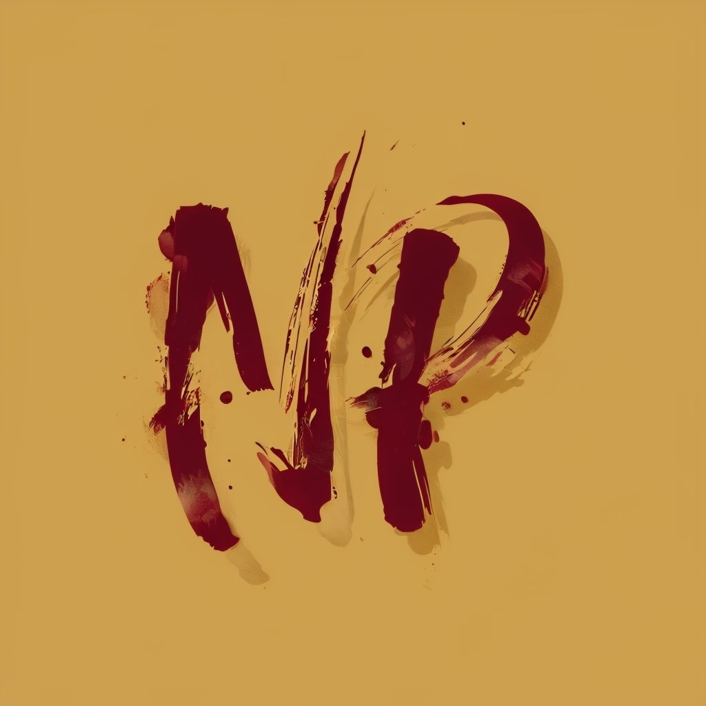 Modern Burgundy Brush Script Monogram of N and P on Mustard Background Art