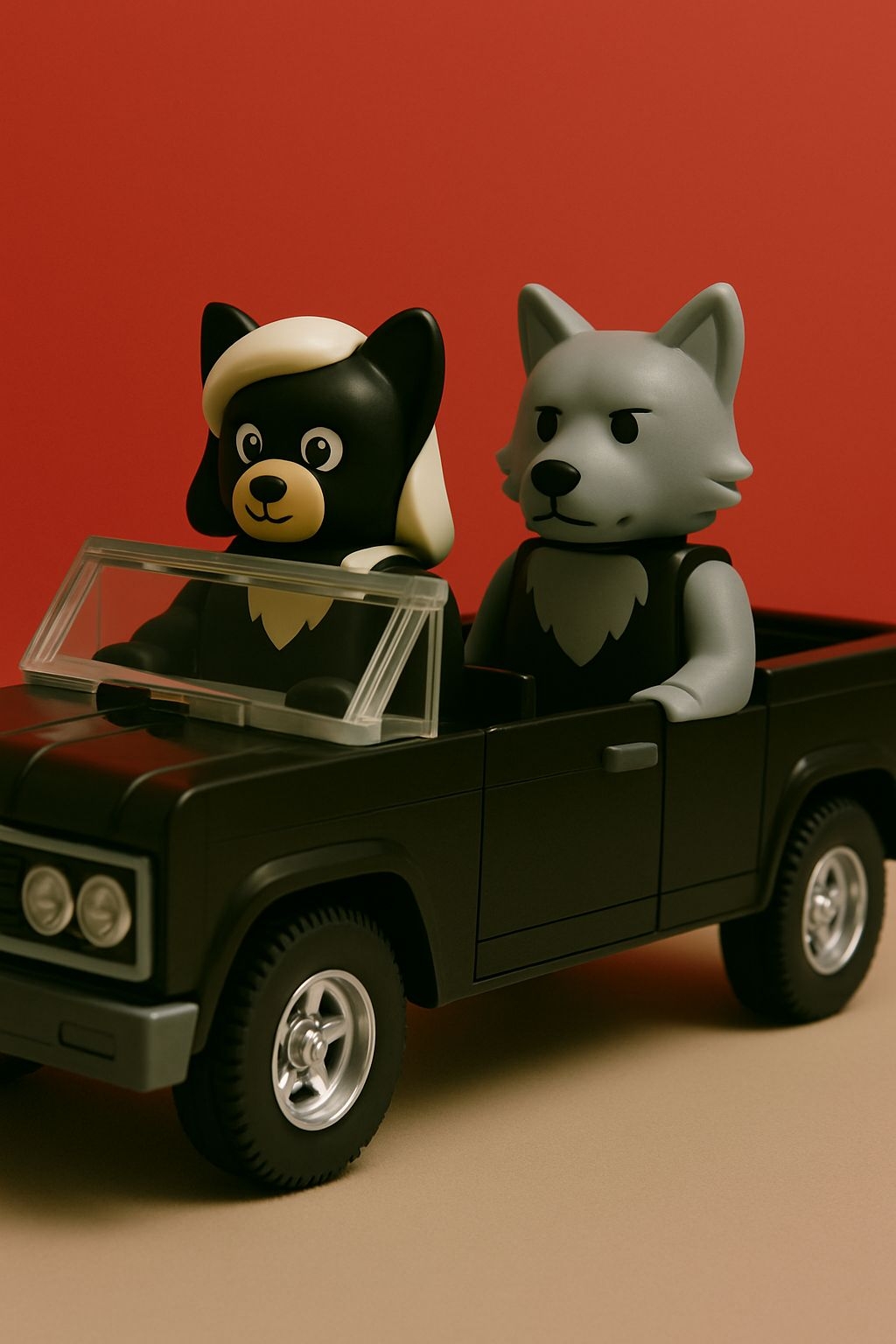 Close-Up of Bear and Wolf Toy Figurines in Black Plastic Car Art