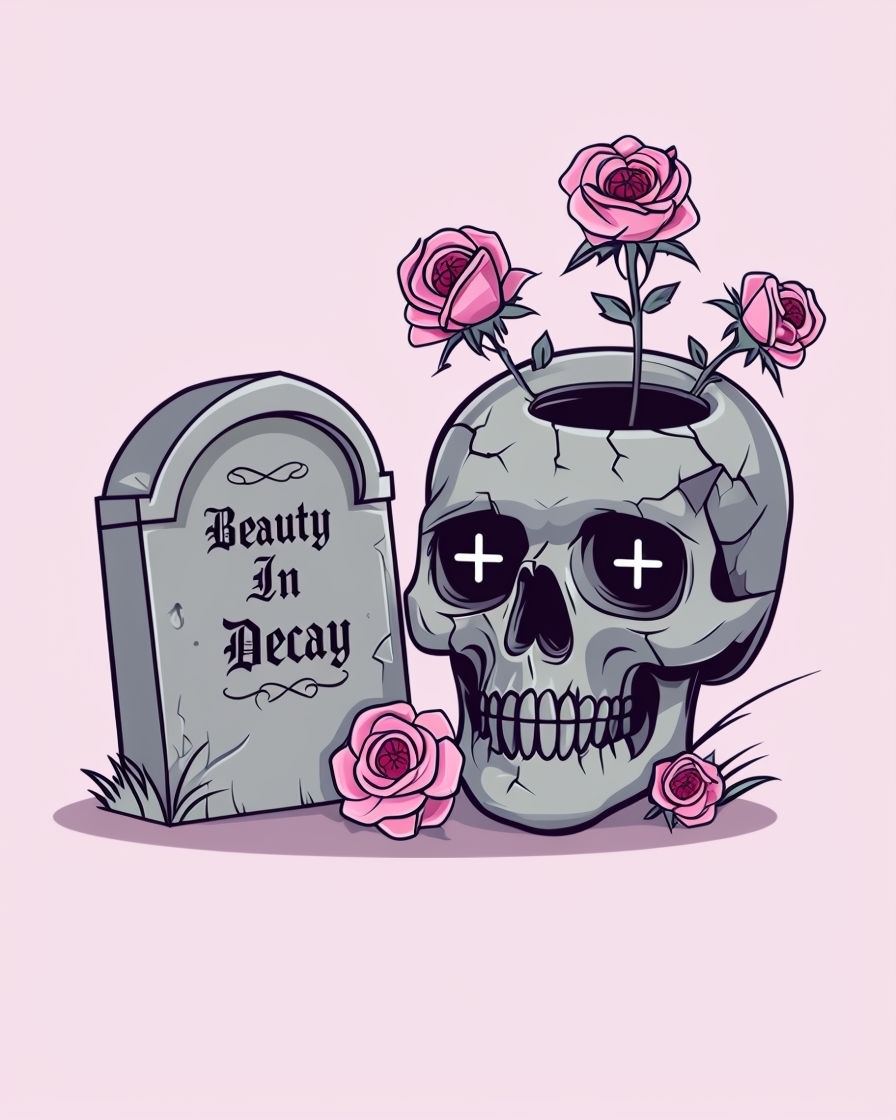 Gothic Skull and Tombstone with Roses T-Shirt
