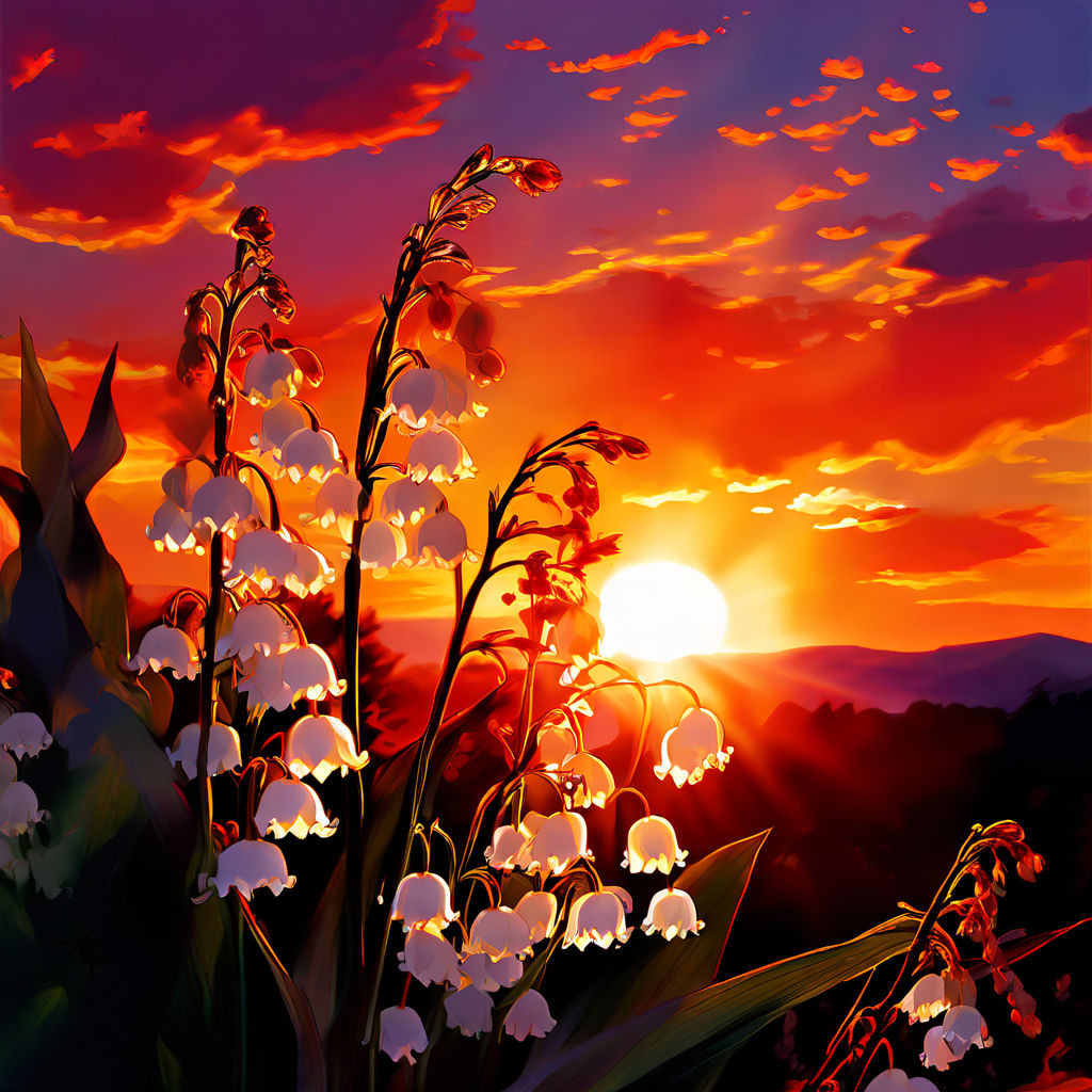 Prompt: Cluster of lily of the valley, foreground focus against the backdrop of a vibrant sunset sky, orange and crimson hues blending into each other, silhouette effect, light flares bursting from the angular horizon, ink drawing, dramatic lighting, golden ratio