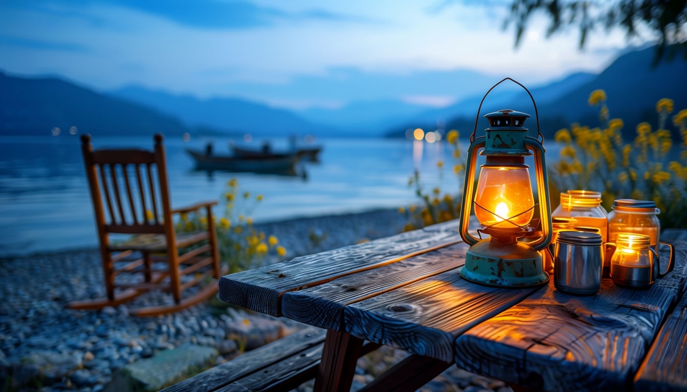 Serene Lakeside Evening with Wooden Picnic Table Background