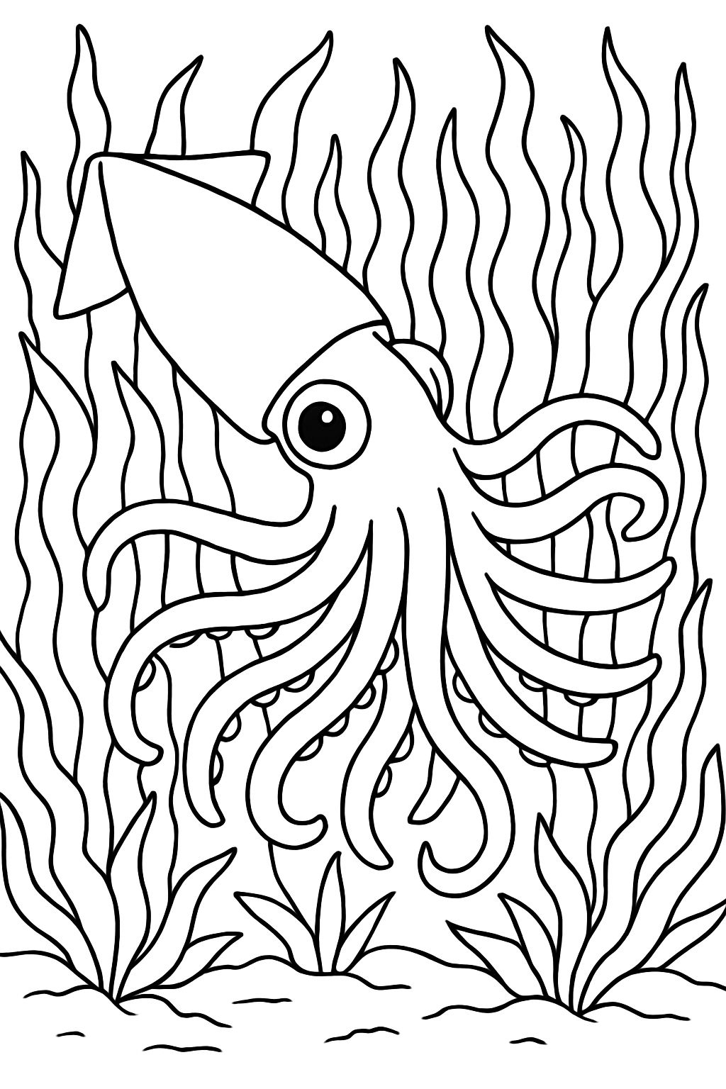 Elegant Octopus Underwater Scene Line Drawing Coloring Page