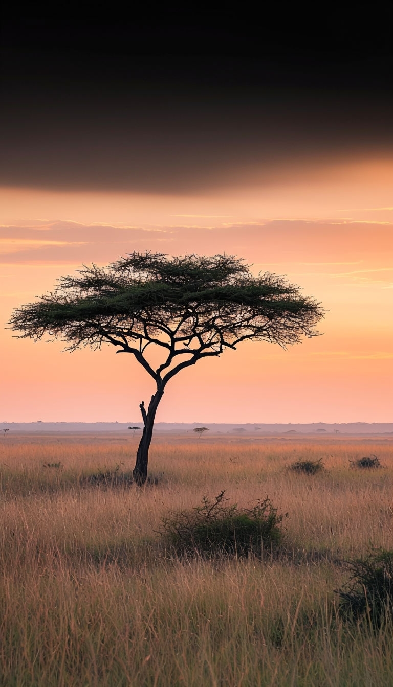 Stunning Acacia Tree at Sunset in Serene Savanna Landscape Mobile Wallpaper