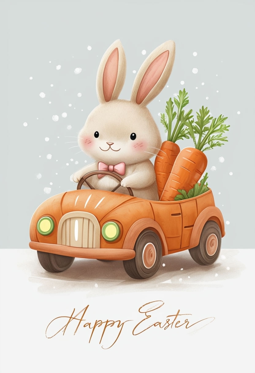 Whimsical Bunny in Car Happy Easter Greeting Card Design