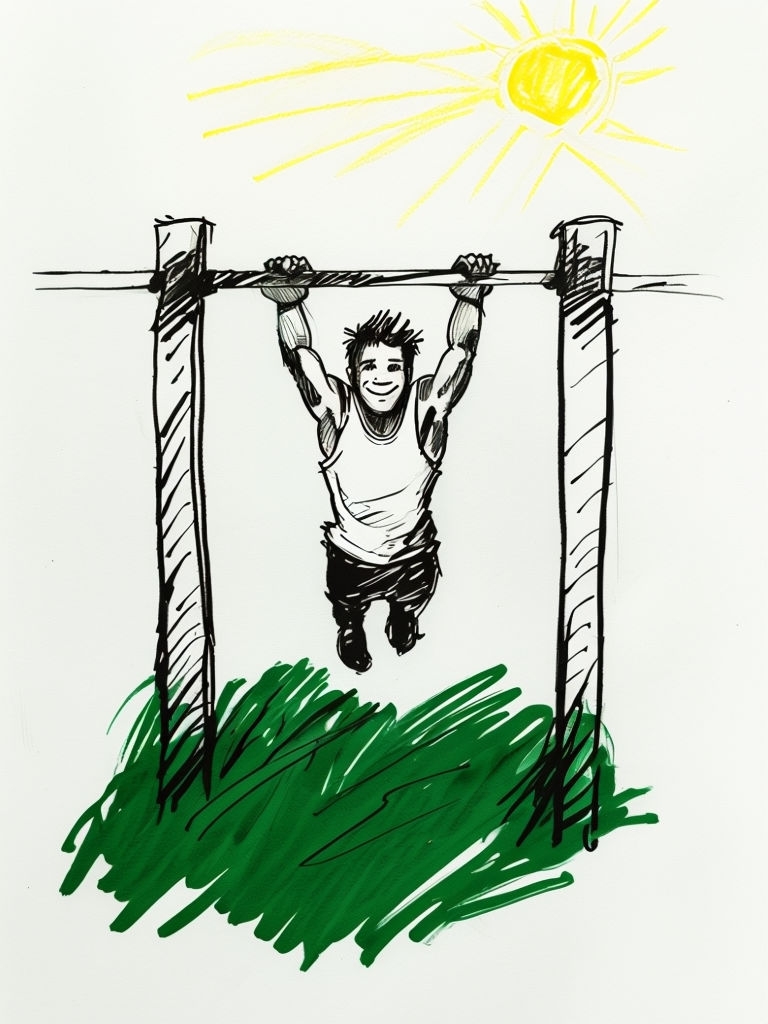 Whimsical Sketch of Person Hanging from a Bar Art