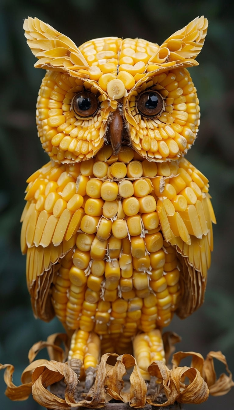 Intricate Yellow Corn Owl Sculpture Close-Up Photography Art