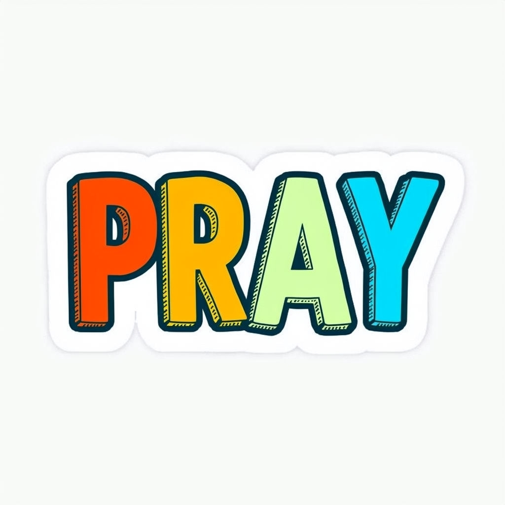 Vibrant Cartoonish PRAY Typography Sticker Design for Kids