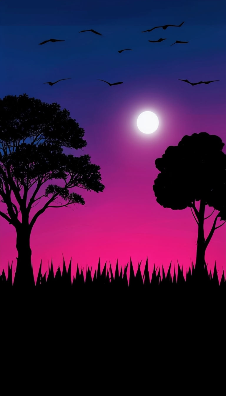 Tranquil Evening Landscape with Silhouettes and Gradient Sky Mobile Wallpaper