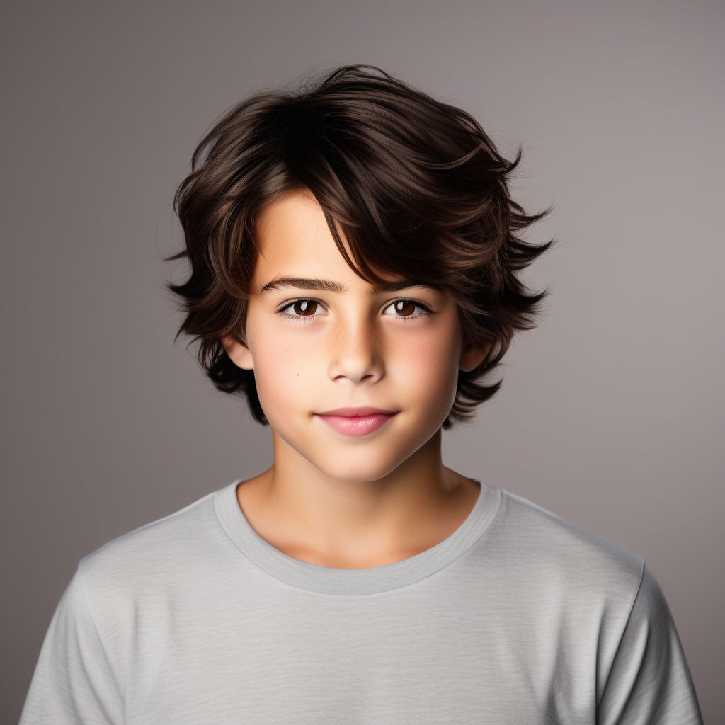 The boy has short dark brown hair. His hair is combed to the... by ...