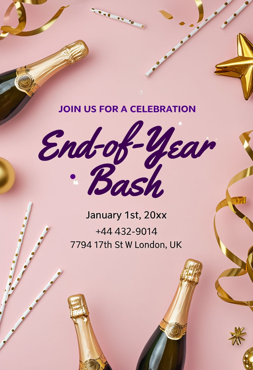 Festive End-of-Year Bash Celebration Poster in Pink and Gold Theme