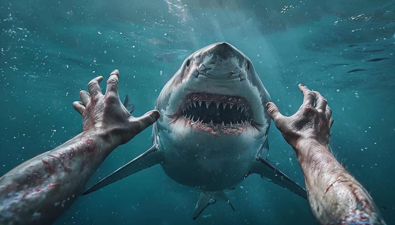 Dramatic Underwater Survival Scene with Shark and Human Arms Virtual Background