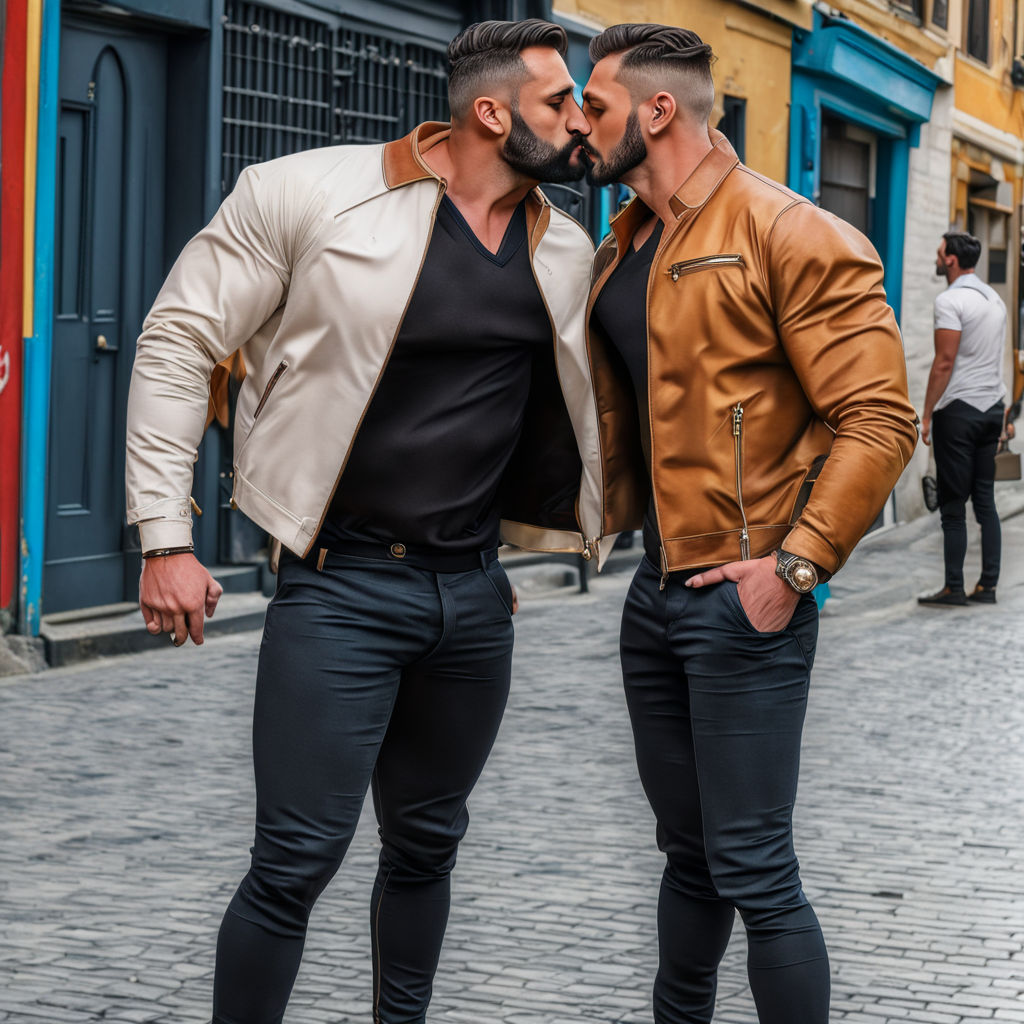 Two gay muscle jocks kissing shirtless at a bus stop