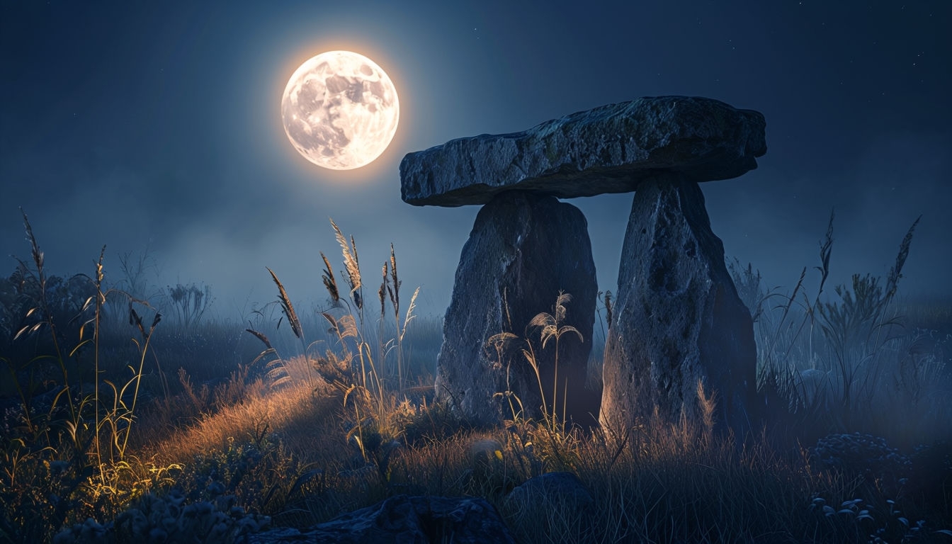 Mysterious Megalithic Stone Structure Under Moonlight Background