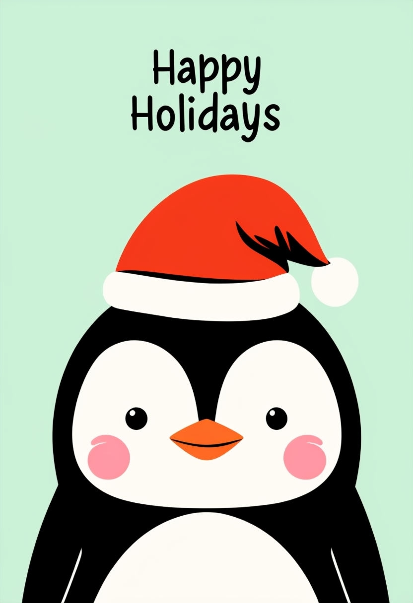 Cheerful Cartoon Penguin with Santa Hat Happy Holidays Card