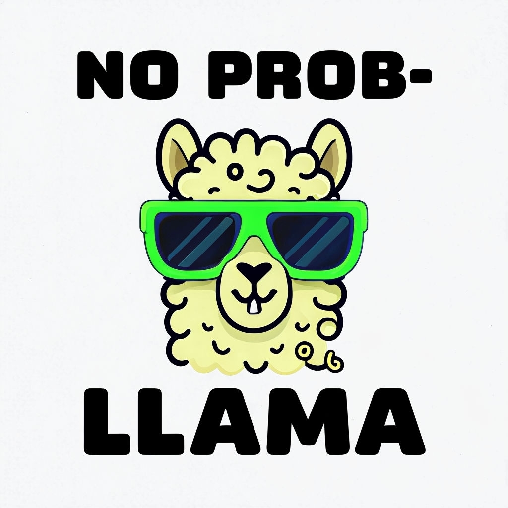 Cheerful Cartoon Llama with Sunglasses and Fun Text Meme