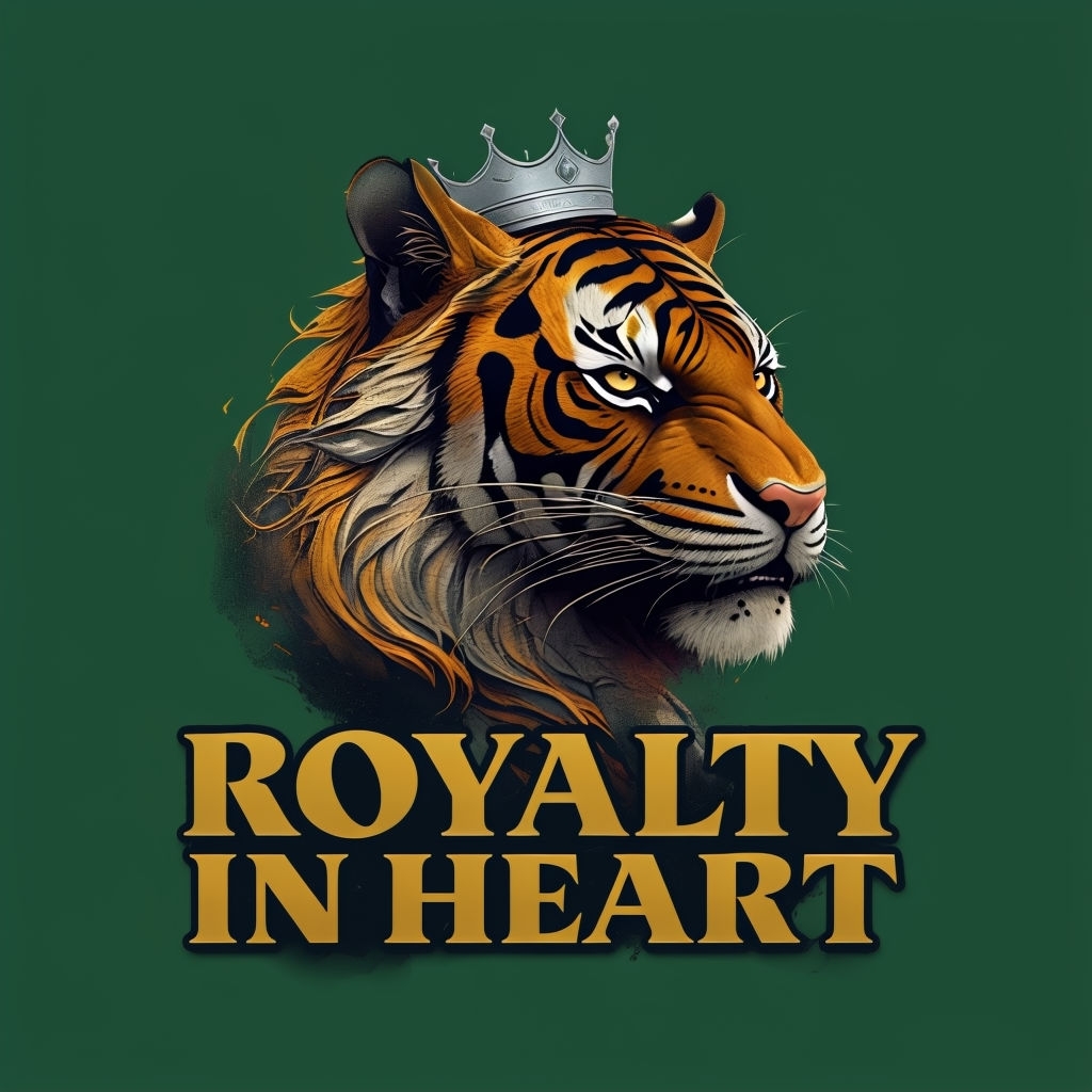 Majestic Tiger with Crown and Royalty in Heart Design T-Shirt
