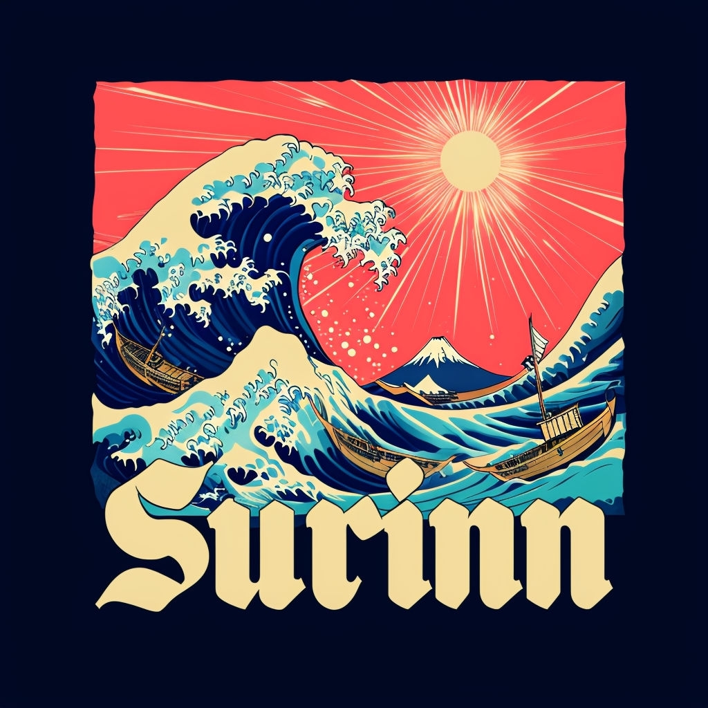 Dramatic Wave Surfing Scene Inspired by Hokusai Poster