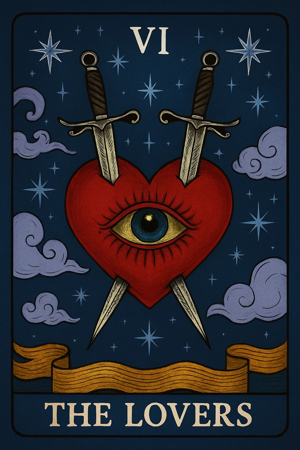 Surreal Tarot Card Illustration of The Lovers with Heart and Swords Poster