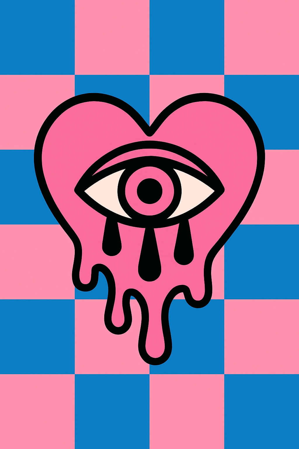 Vibrant Heart with Eye and Teardrops on Checkered Background Poster