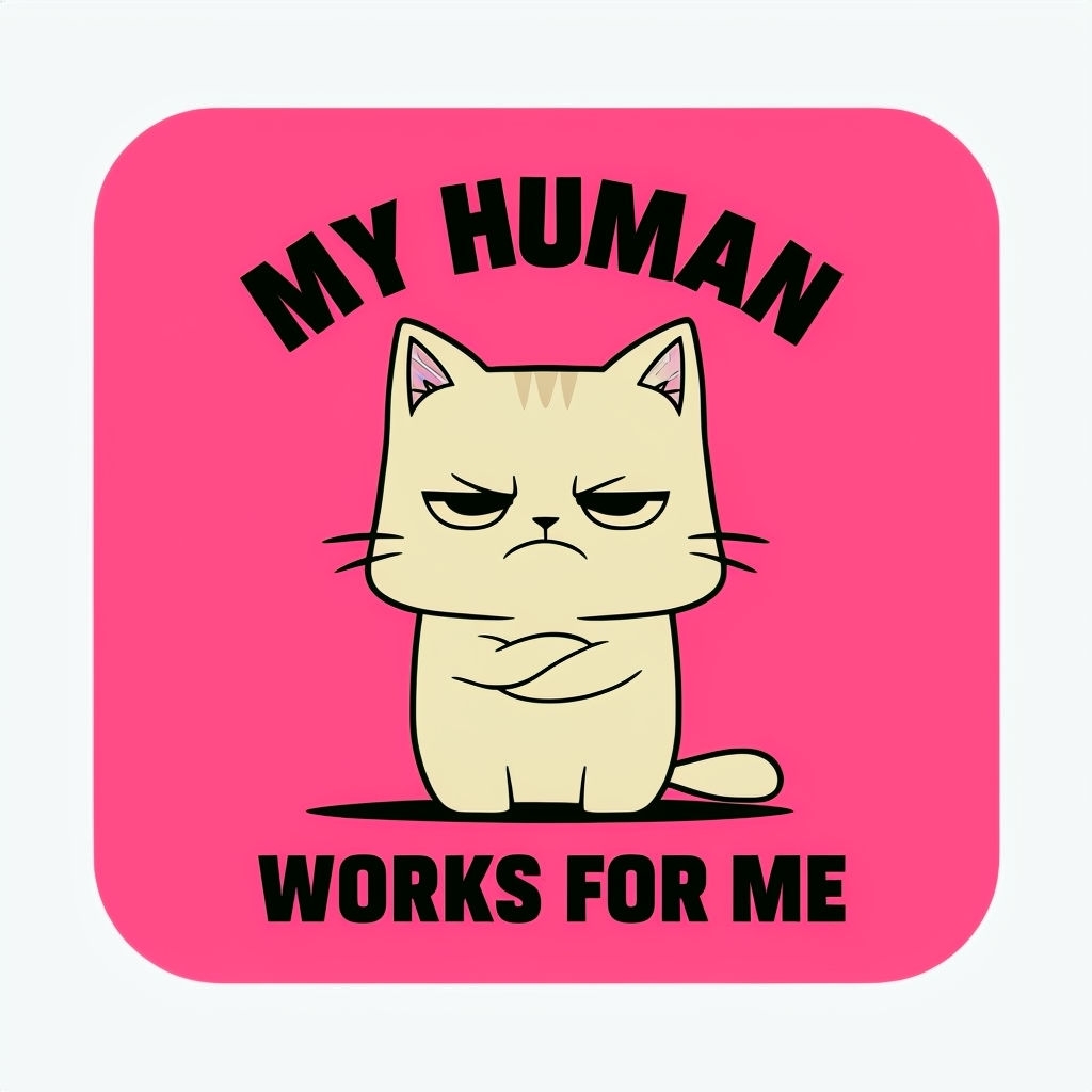 Stern Beige Cat Illustration with "My Human Works for Me" Sticker