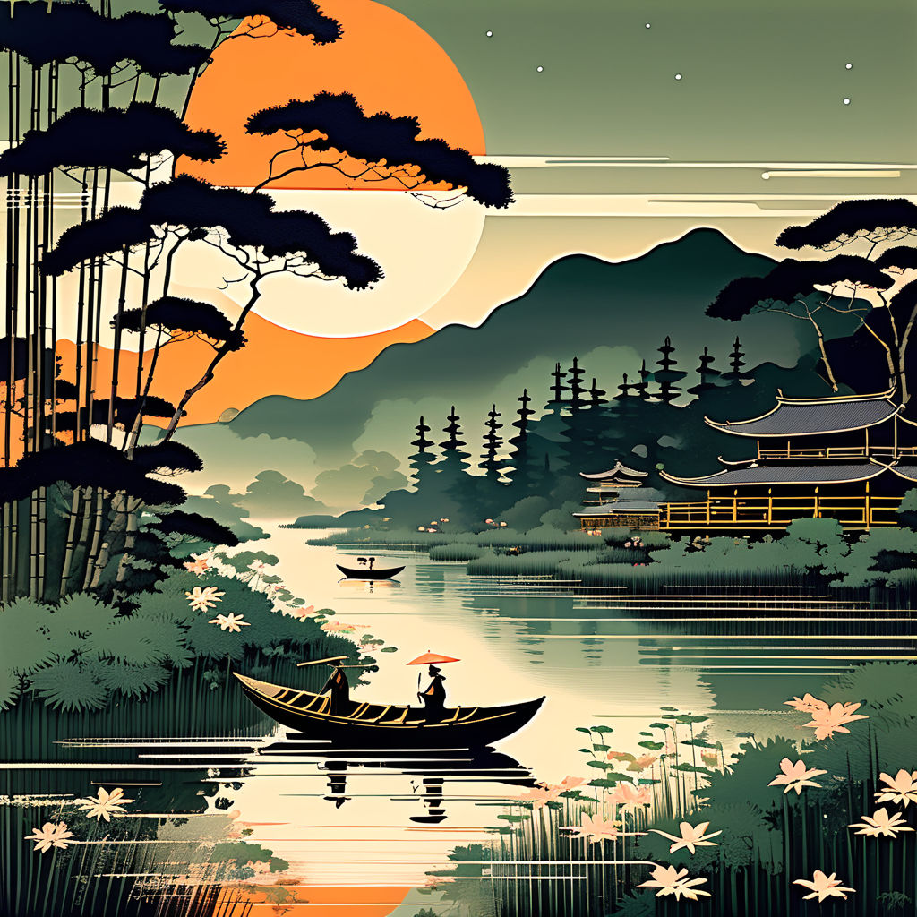 Realistic nocturnal countryside featuring a river teeming wi... by Ngai ...