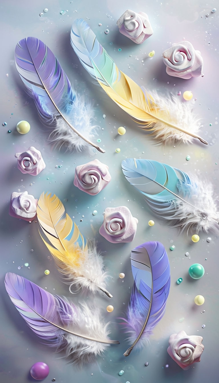 Vibrant Feathers and Marshmallow Rosettes Digital Artwork Mobile Wallpaper