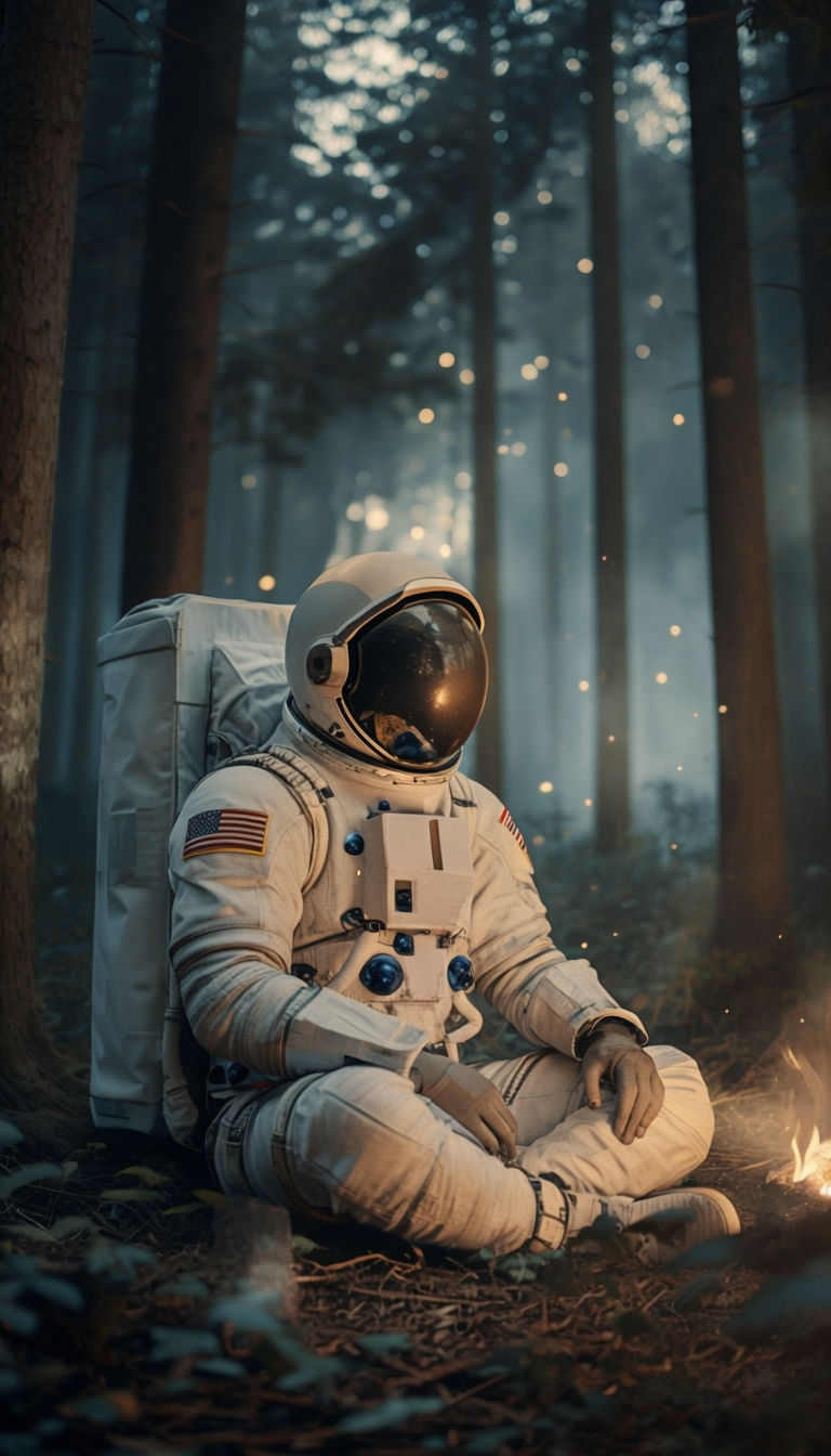 Astronaut Meditating in a Misty Forest Night Scene Art