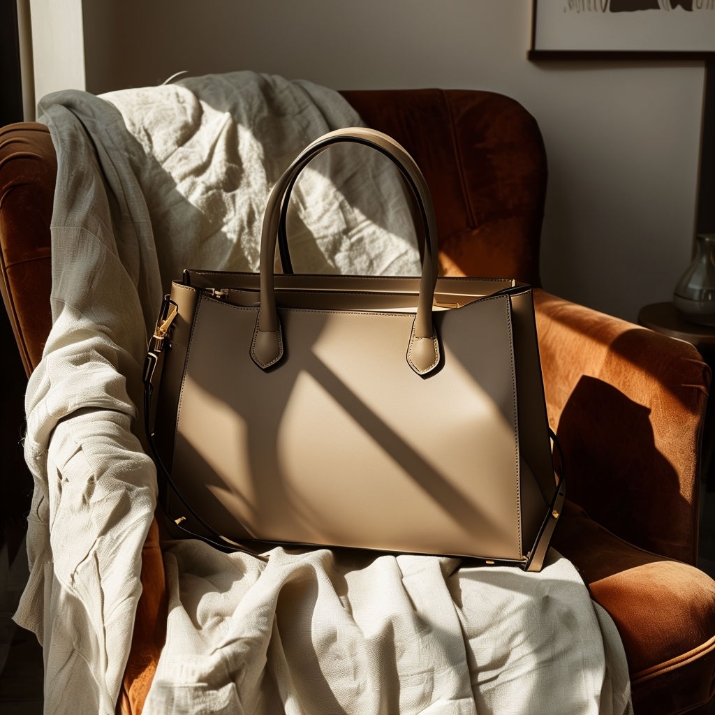 Chic Structured Leather Handbag Mockup on Textured Linen